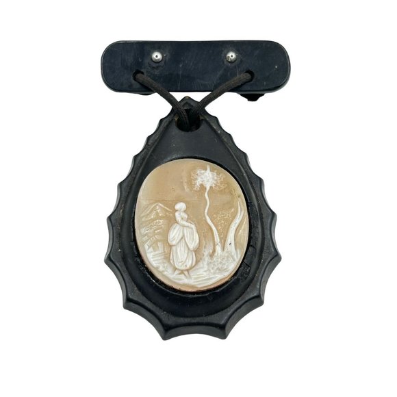 Vintage Jewelry - Antique Mourning Brooch Pin Dangle Genuine Carved Shell Cameo Black Drop Shaped